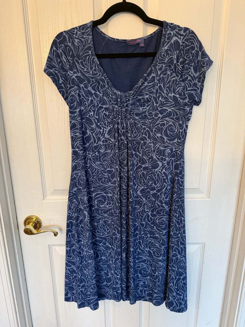 Fresh Produce Blue Abstract Graphic Print V-Neck Ruched Bust Short Sleeve Dress
